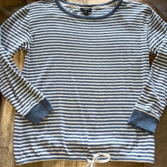 Jones New York Blue Stripe Long Sleeve Drawstring Waist Crewneck Top Tee Sz M - Picture 6 of 14